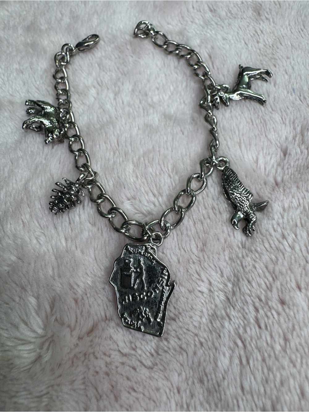 Wisconsin Silver Tone Charm Bracelet with Animal & Pinecone Charms